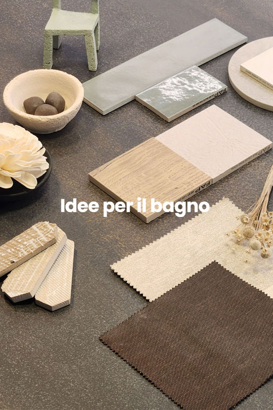 Moodboard with bathrooms decorated with FAP tiles: floral, striped, monochrome tiles and trendy textured surfaces.