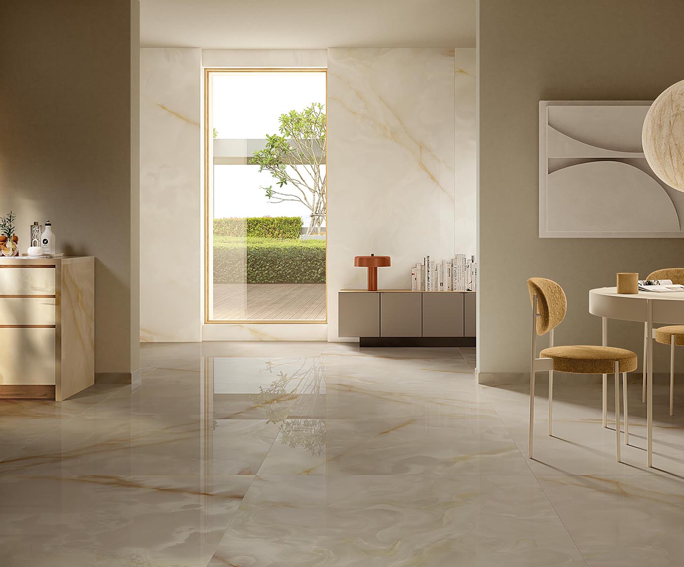 Elegant living room with onyx-effect stoneware floor and wall tiles with gold veining and minimal furniture in warm, neutral tones.