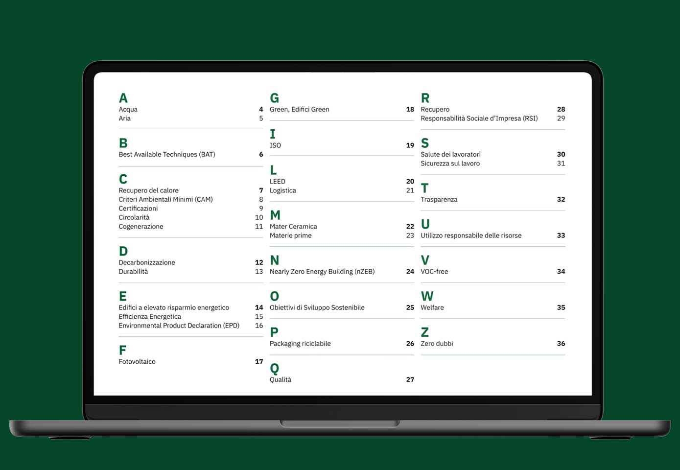 Environmental and social sustainability glossary shown on laptop screen with green background and black and dark green text.