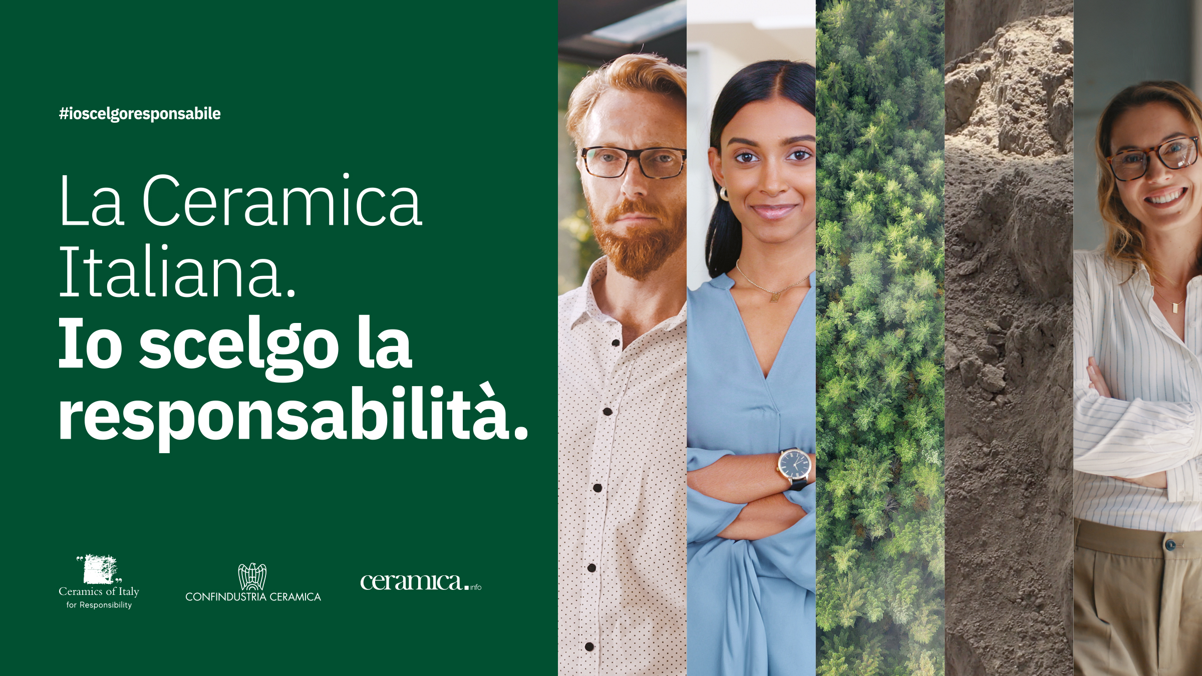 Sequenza visiva con persone, natura e argilla, metafora di sostenibilità, competenza e origine della ceramica FAP.