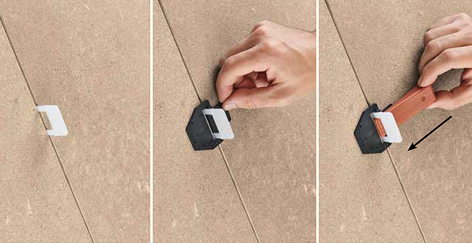 Leveling system for beige ceramic tiles: wedge insertion, adjustment and tightening for perfect installation.