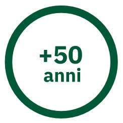 Simbolo verde “+50 anni” in cerchio, a rappresentare la durabilità delle superfici ceramiche FAP Ceramiche nel tempo.
