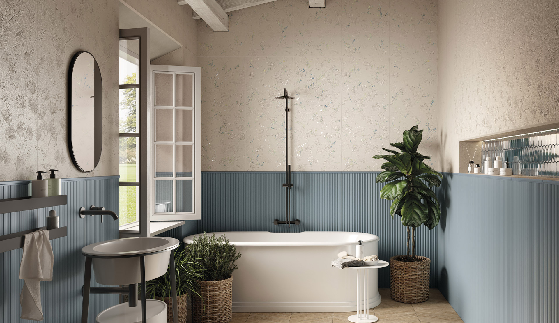 Bathroom with textural beige walls, light blue ceramic boiserie, wood-effect floor and white beamed ceiling