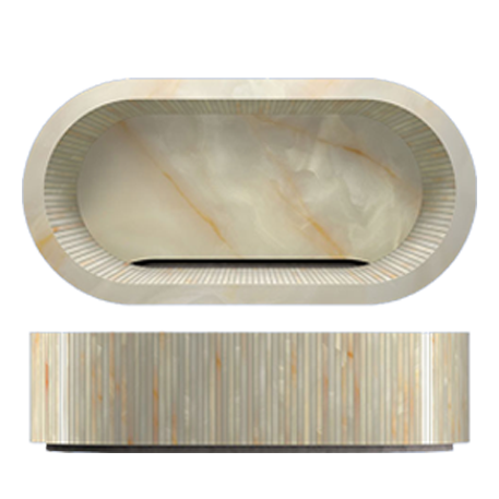 Oval countertop washbasin in ceramic with Gemme Beige Brillante finish, glossy details and vertical texture.