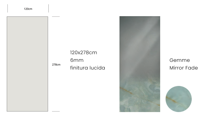 Technical drawing of 120x278 cm slabs with green and ochre veins, glossy finish and enlarged texture detail.