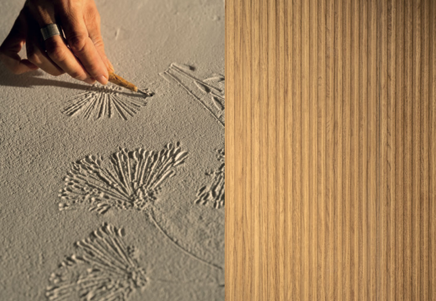 Hand etching floral decorations on light textured surface next to natural wood-effect slatted wainscoting.