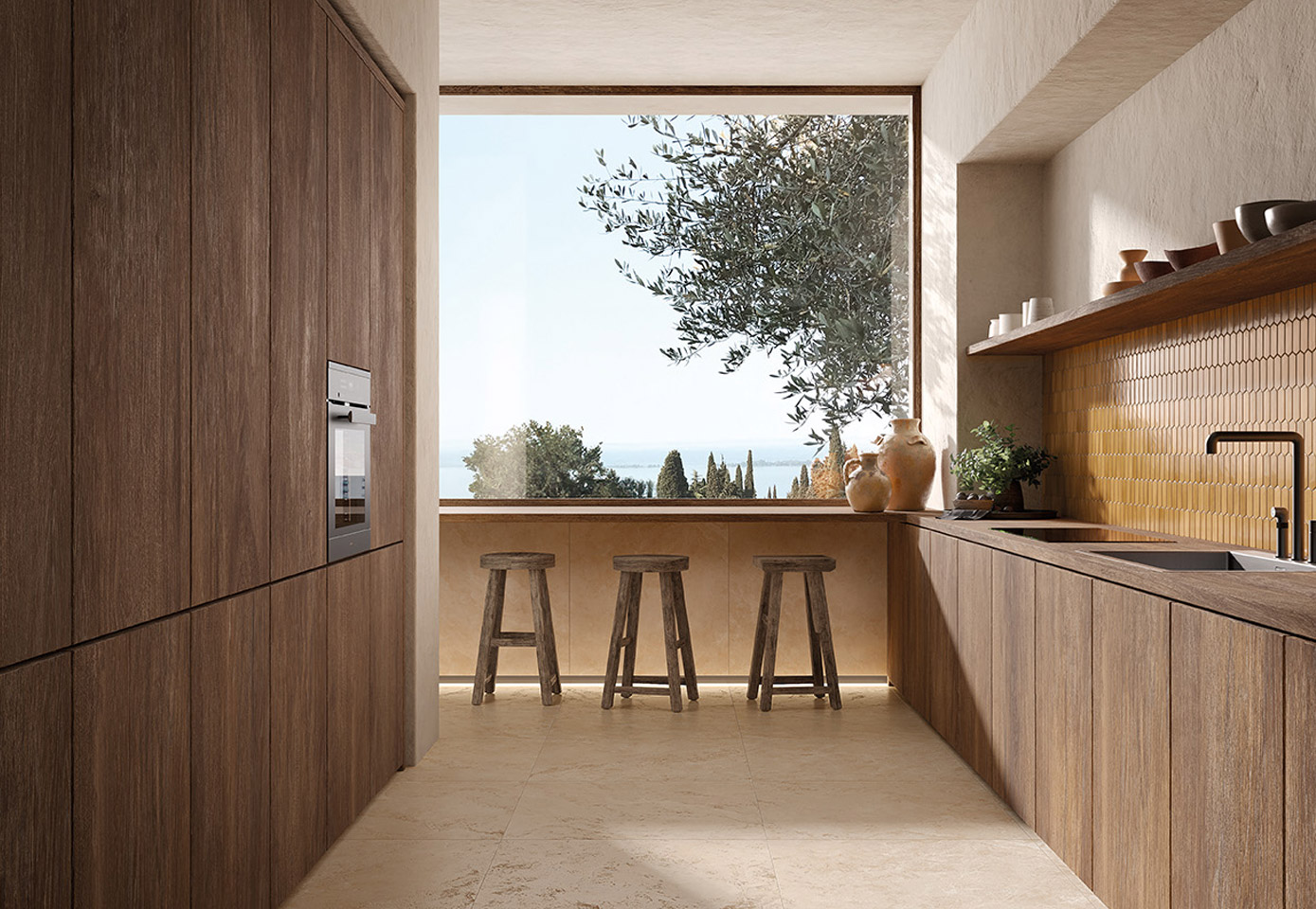 Kitchen with wooden furniture, mustard yellow brick-effect ceramic wall tiles and beige stone-effect flooring, wooden stools, large central window.