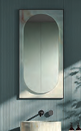 Portale mirror in Gemme Cielo finish on striped ceramic wall, with striped washbasin and minimalist black taps.