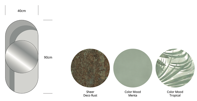 Technical drawing of the Portale mirror with dimensional details and available colours: Gemme and Onici in five natural finishes.