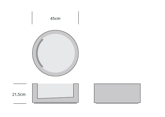 Technical drawing of the Contatto round countertop washbasin, diameter 45 cm and height 21.5 cm, with sloping edge.