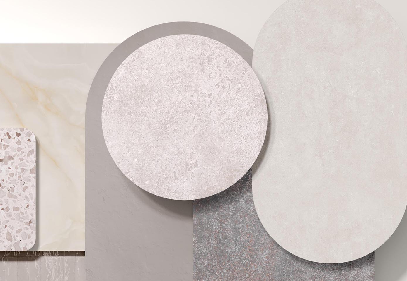 ColorMood mood board with terrazzo, stone and onyx effect stoneware surfaces in light shades of powder pink and pearl grey.