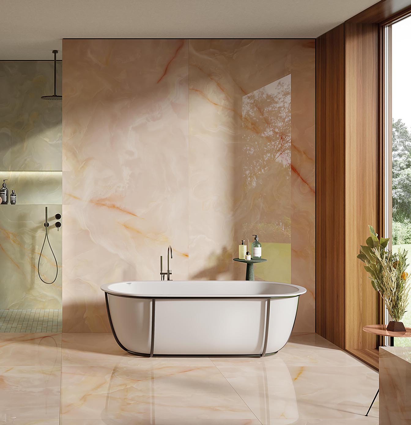 Bathroom with onyx effect walls and floor, pink and green tones, freestanding bathtub and black wood and metal details.