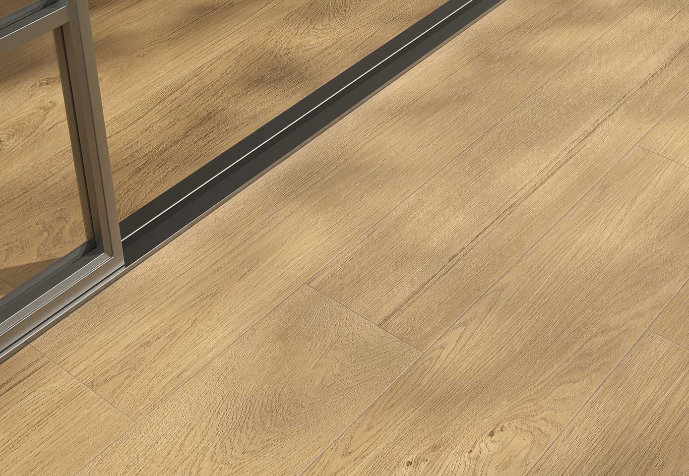 Detail of light wood-effect stoneware floor with marked grain, with aluminum and glass window frame.