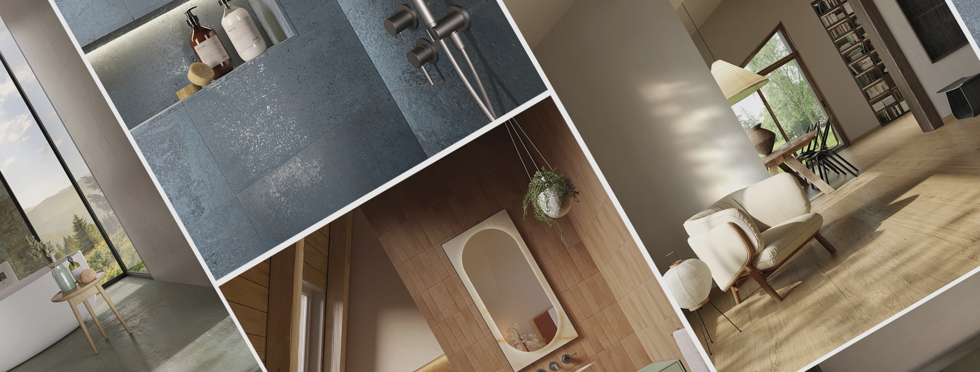 Collage of rooms with blue stone-effect tiles, beige stoneware and natural wood, modern furnishings and decorative details with a minimalist design.