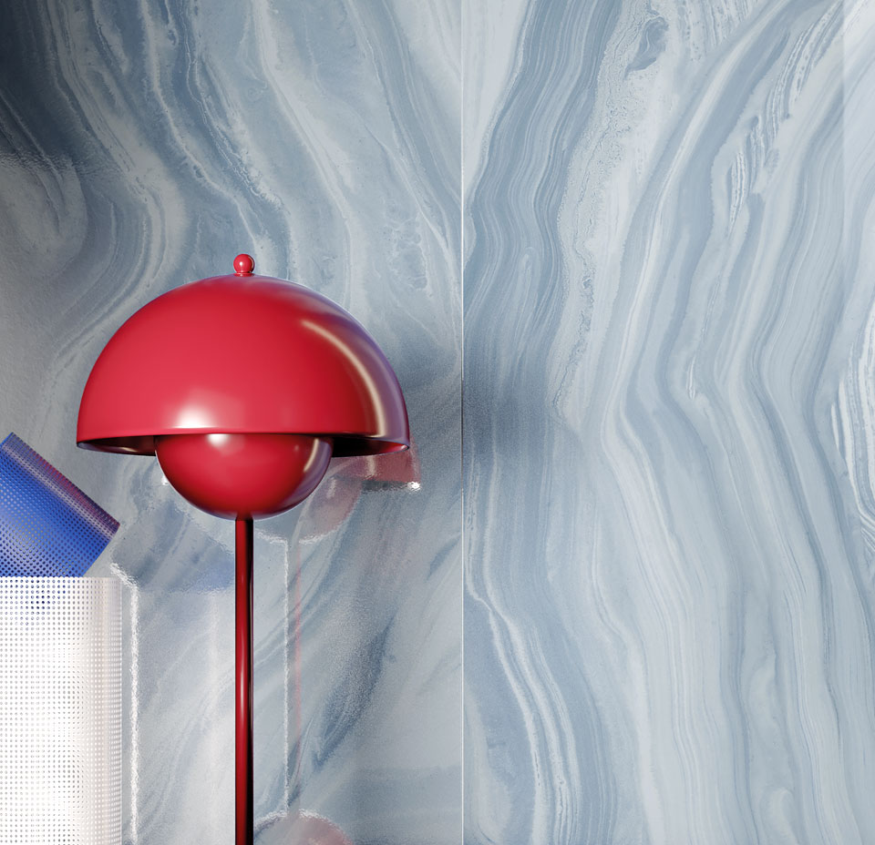 Glossy stoneware wall with blue onyx effect and fluid veins, red designer lamp and material details.