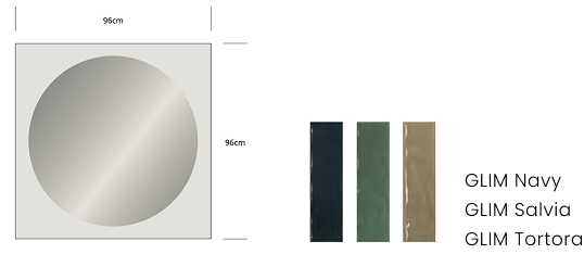 Technical drawing of a round mirror framed by glossy ceramics in three variants: deep blue, olive green and metallic bronze.