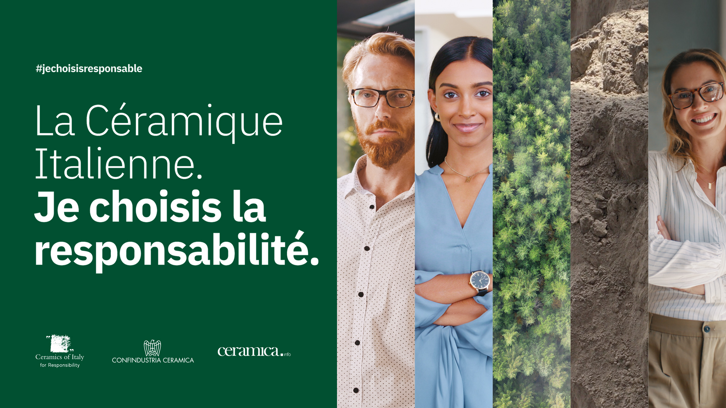 Séquence visuelle avec des personnes, la nature et l'argile, une métaphore de la durabilité, de l'expertise et de l'origine des céramiques FAP.