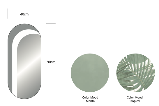 Technical drawing of the Oblò mirror with measurements and display of the Color Mood Menta and Tropical finishes with decorative leaves.