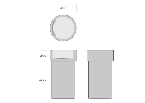 Technical drawing of freestanding cylindrical ceramic washbasin, diameter 45 cm, height 68.5 cm, internal basin depth 20 cm.