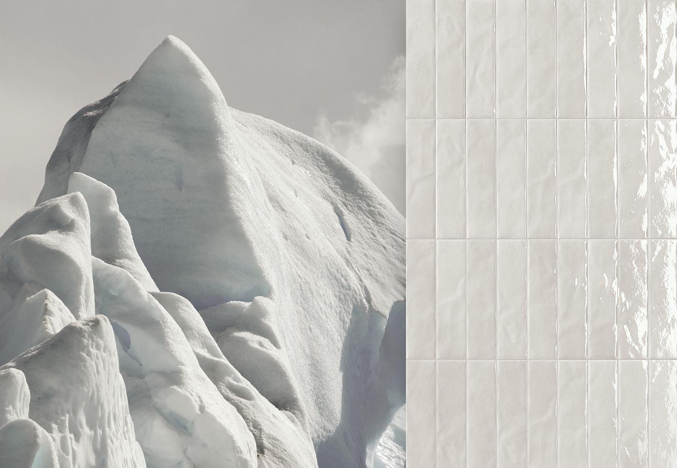 Composite of 2 images, left image of an iceberg. On the right ice-coloured brick effect tiles.