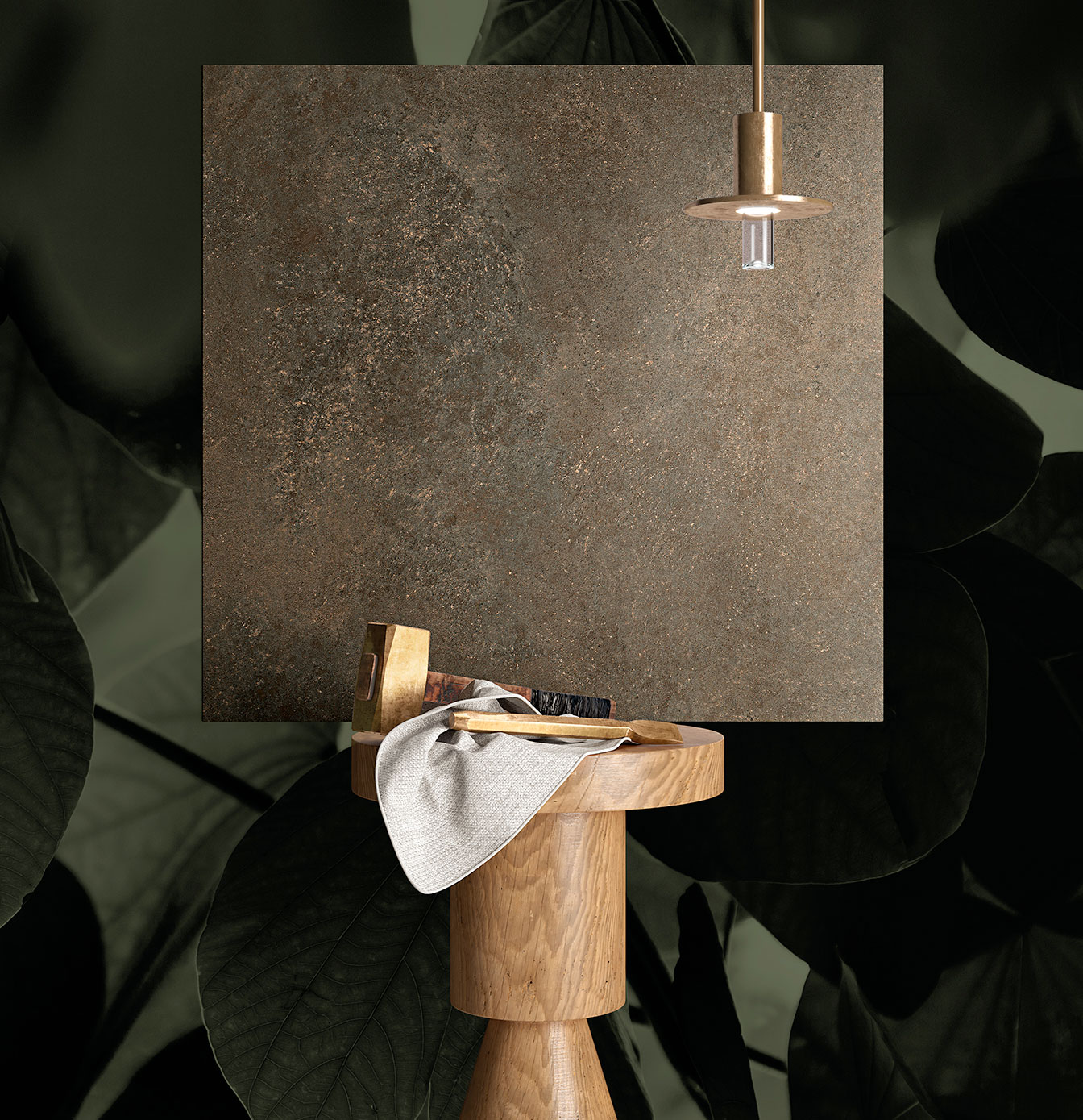 Brown stone-effect ceramic slab on a dark background with a natural wood coffee table, golden lamp and contrasting textured accessories.