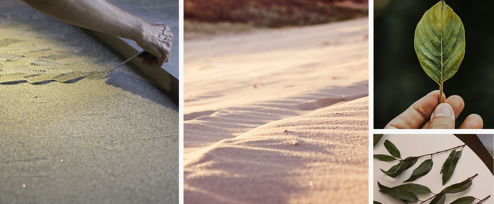 Collage of images with leaves, sand and hands at work, expressing the link between design, ceramics and the environment.