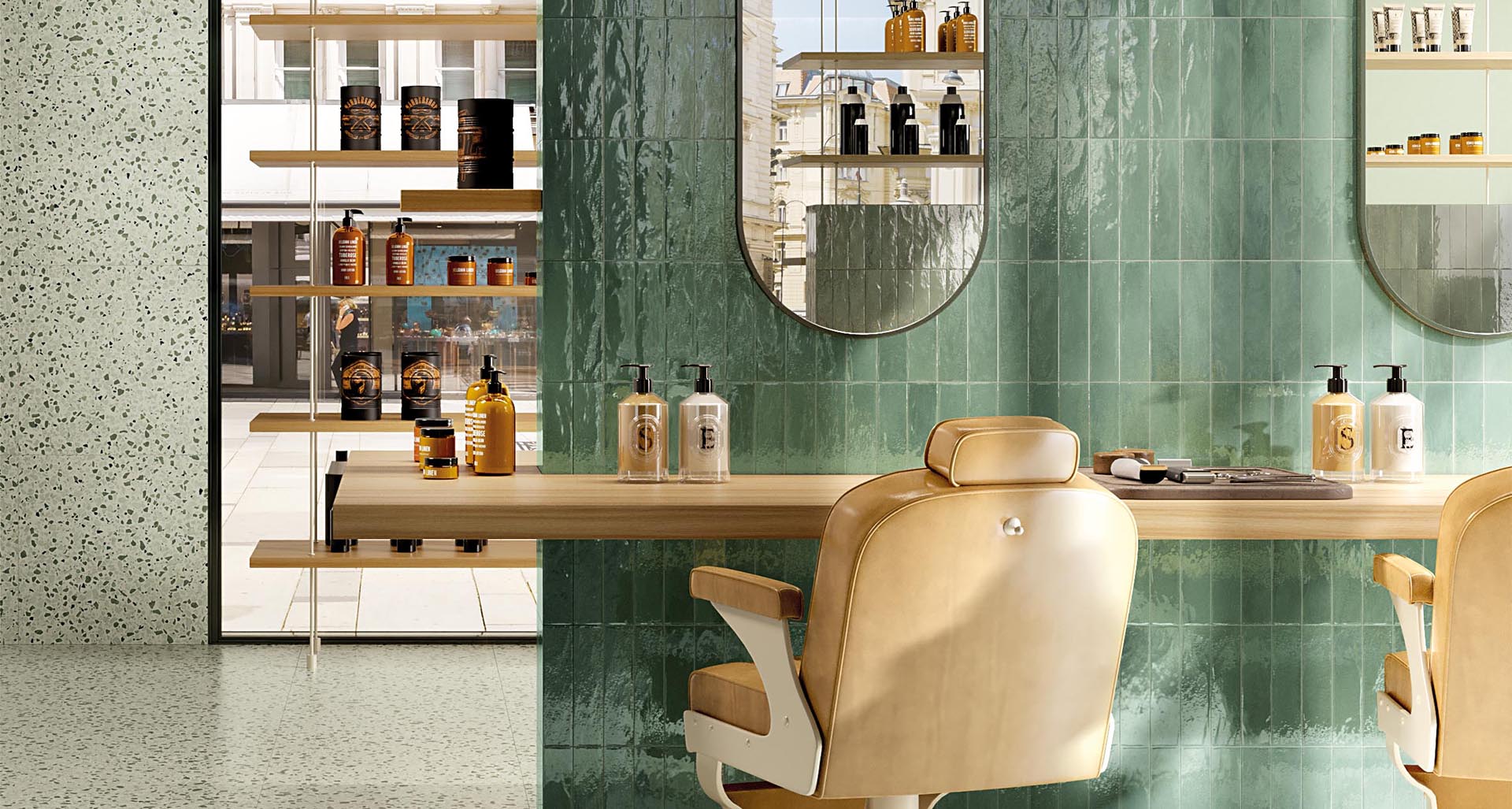 Shop with green brick-effect cladding and light-coloured terrazzo floor, light-coloured wooden furniture, various products and objects