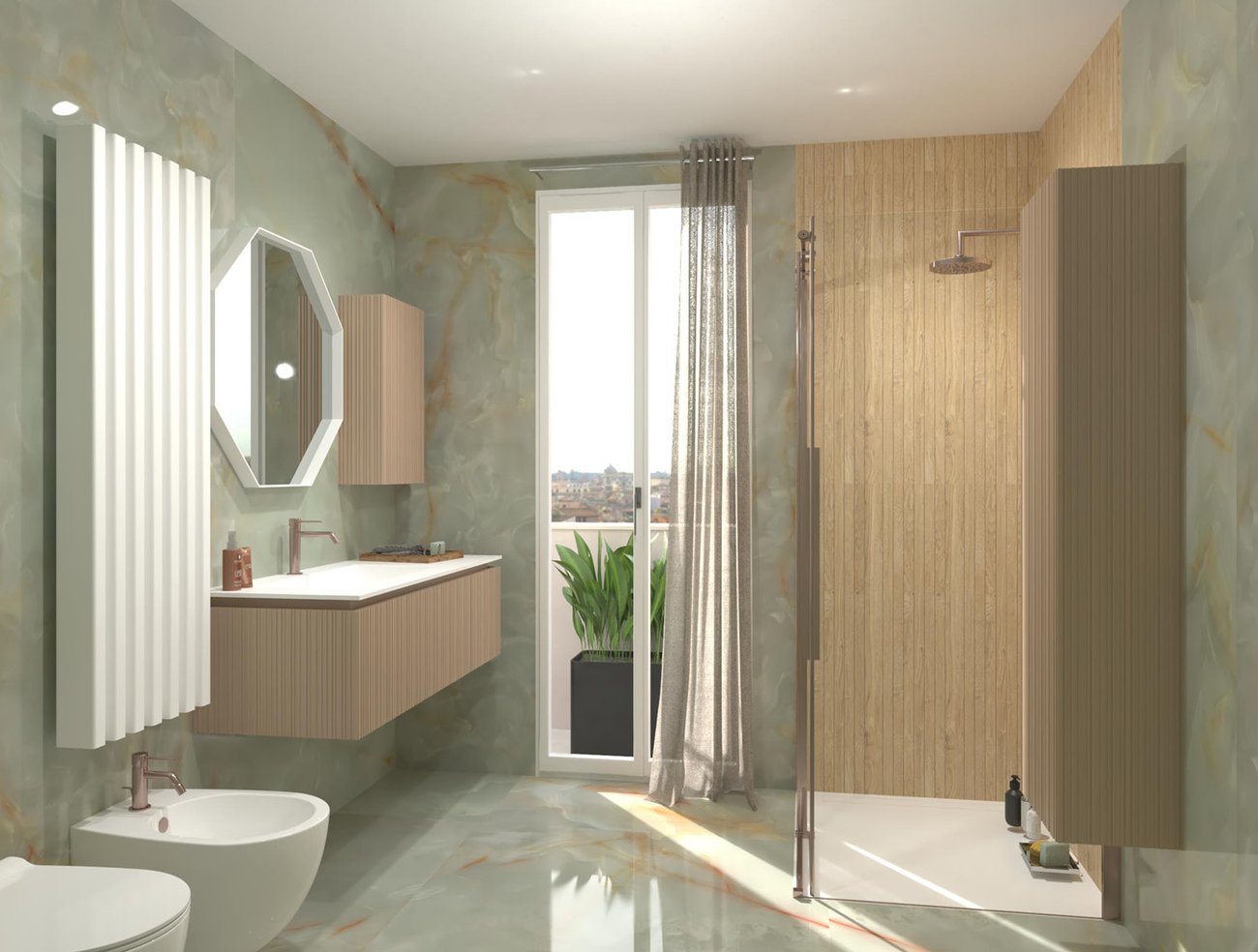 Bathroom design image in Squared shape, created with floor tiles GEMME and wall tiles PLEIN AIR, GEMME
