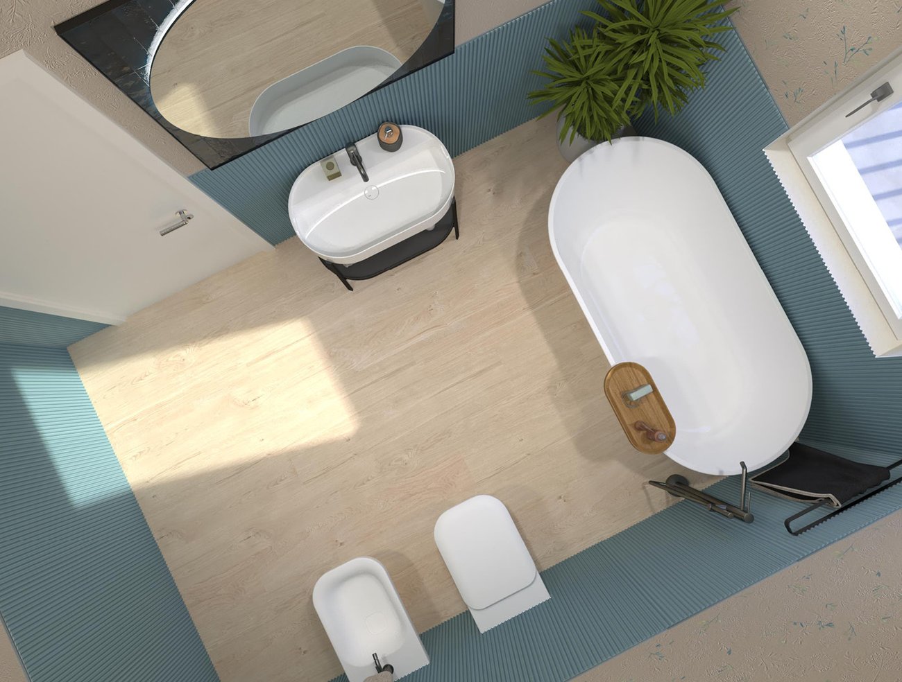 Bathroom design image in Rectangular shape, created with floor tiles PLEIN AIR and wall tiles TRUE COLOR