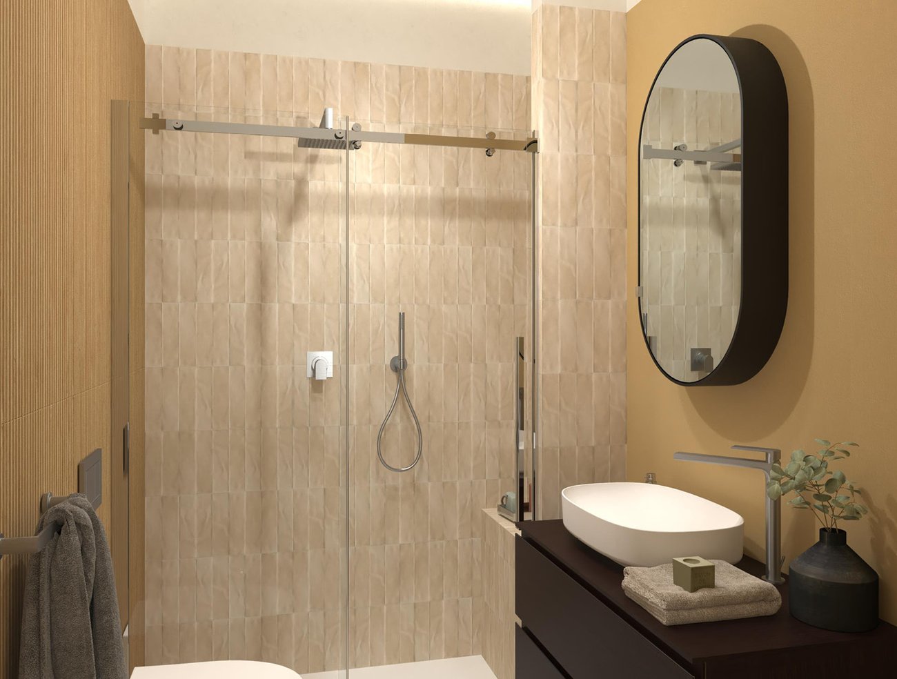 Bathroom design image in Rectangular shape, created with floor tiles NOBU and wall tiles STILL, TRUE COLOR