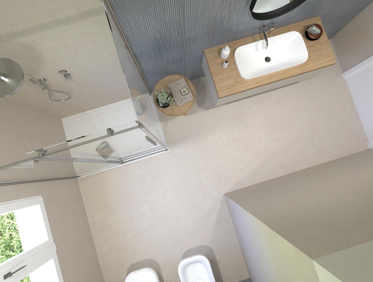 Bathroom design image in Rectangular shape, created with floor tiles MATERIA PURA and wall tiles MATERIA BRILLANTE, MATERIA PURA