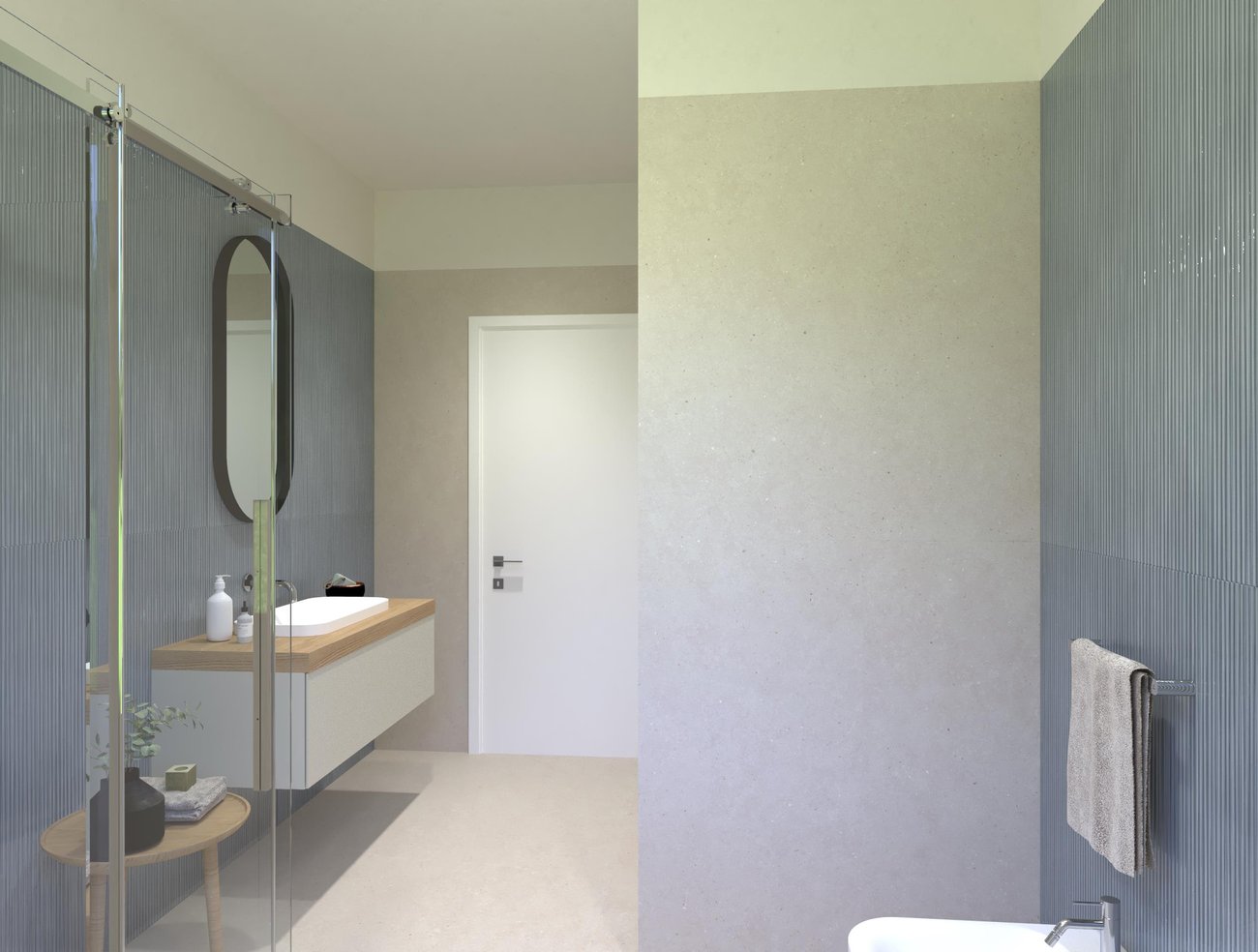 Bathroom design image in Rectangular shape, created with floor tiles MATERIA PURA and wall tiles MATERIA BRILLANTE, MATERIA PURA