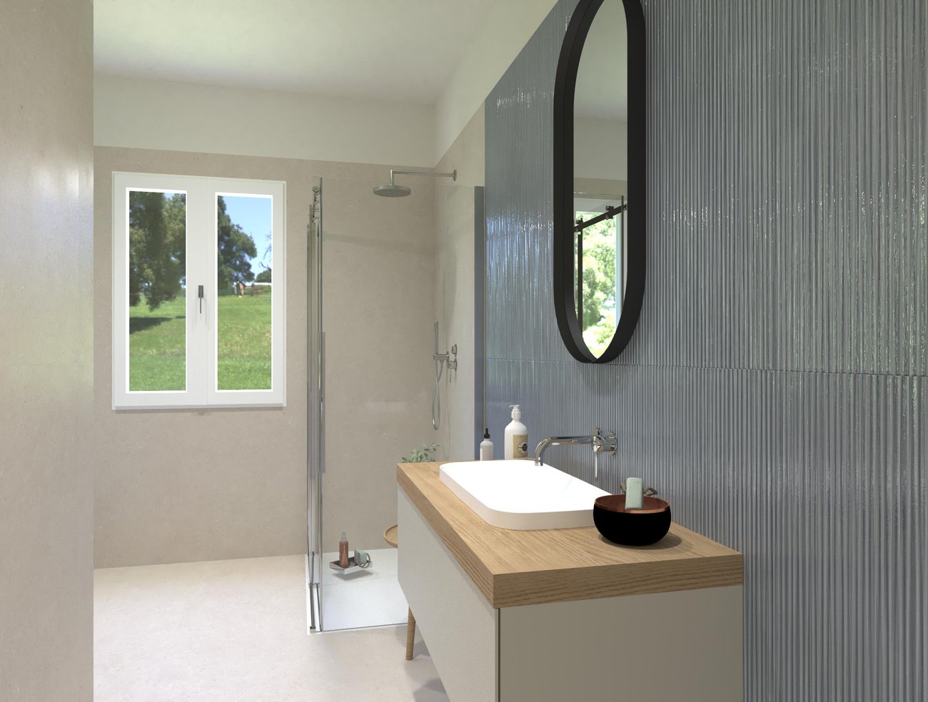 Bathroom design image in Rectangular shape, created with floor tiles MATERIA PURA and wall tiles MATERIA BRILLANTE, MATERIA PURA