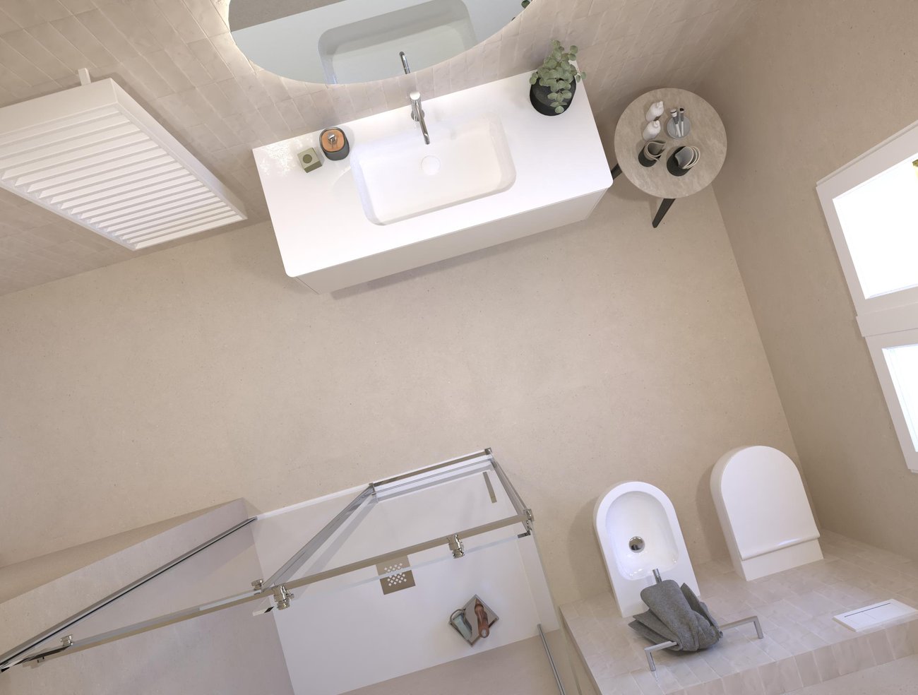 Bathroom design image in Rectangular shape, created with floor tiles MATERIA PURA and wall tiles GLIM, MATERIA PURA