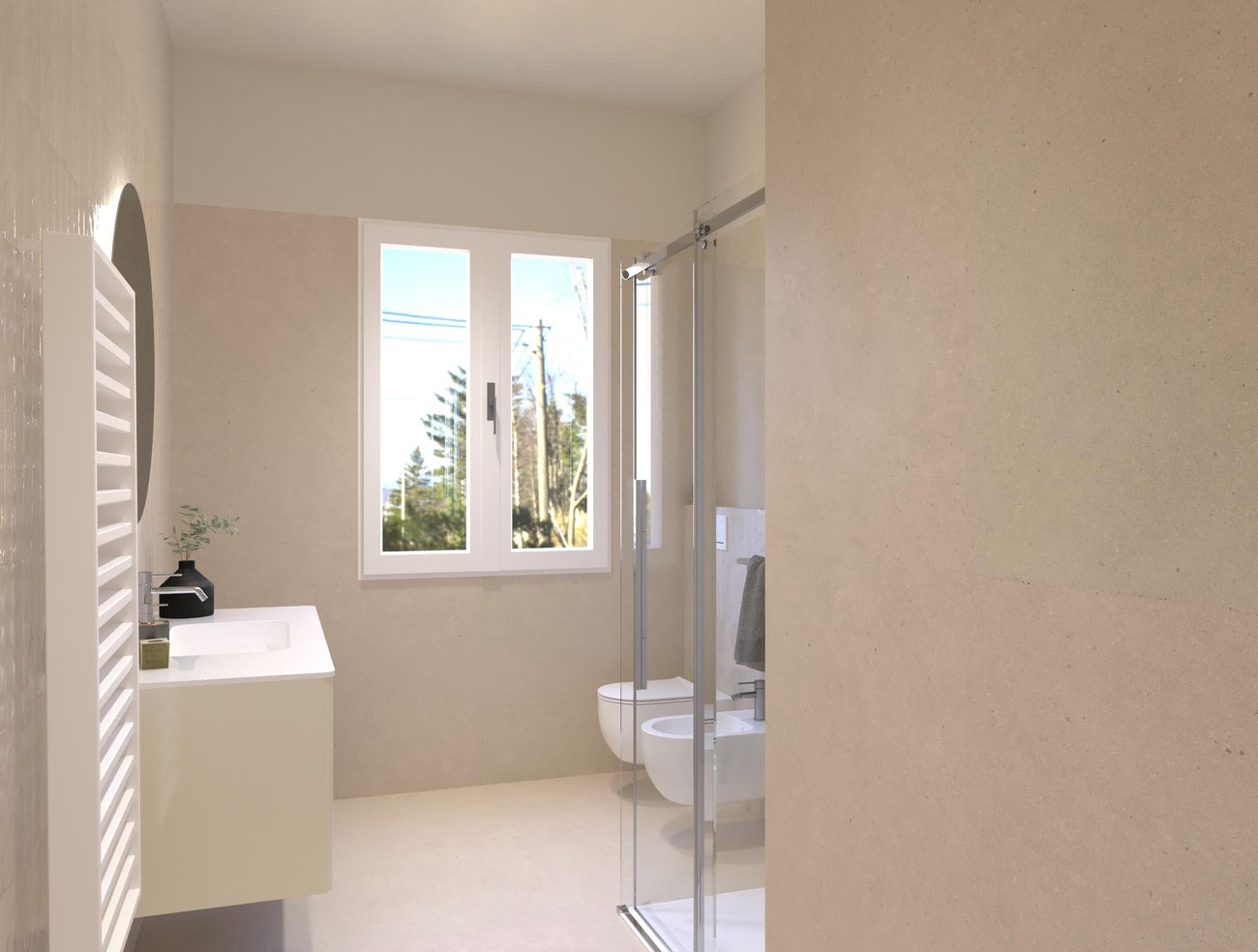Bathroom design image in Rectangular shape, created with floor tiles MATERIA PURA and wall tiles GLIM, MATERIA PURA