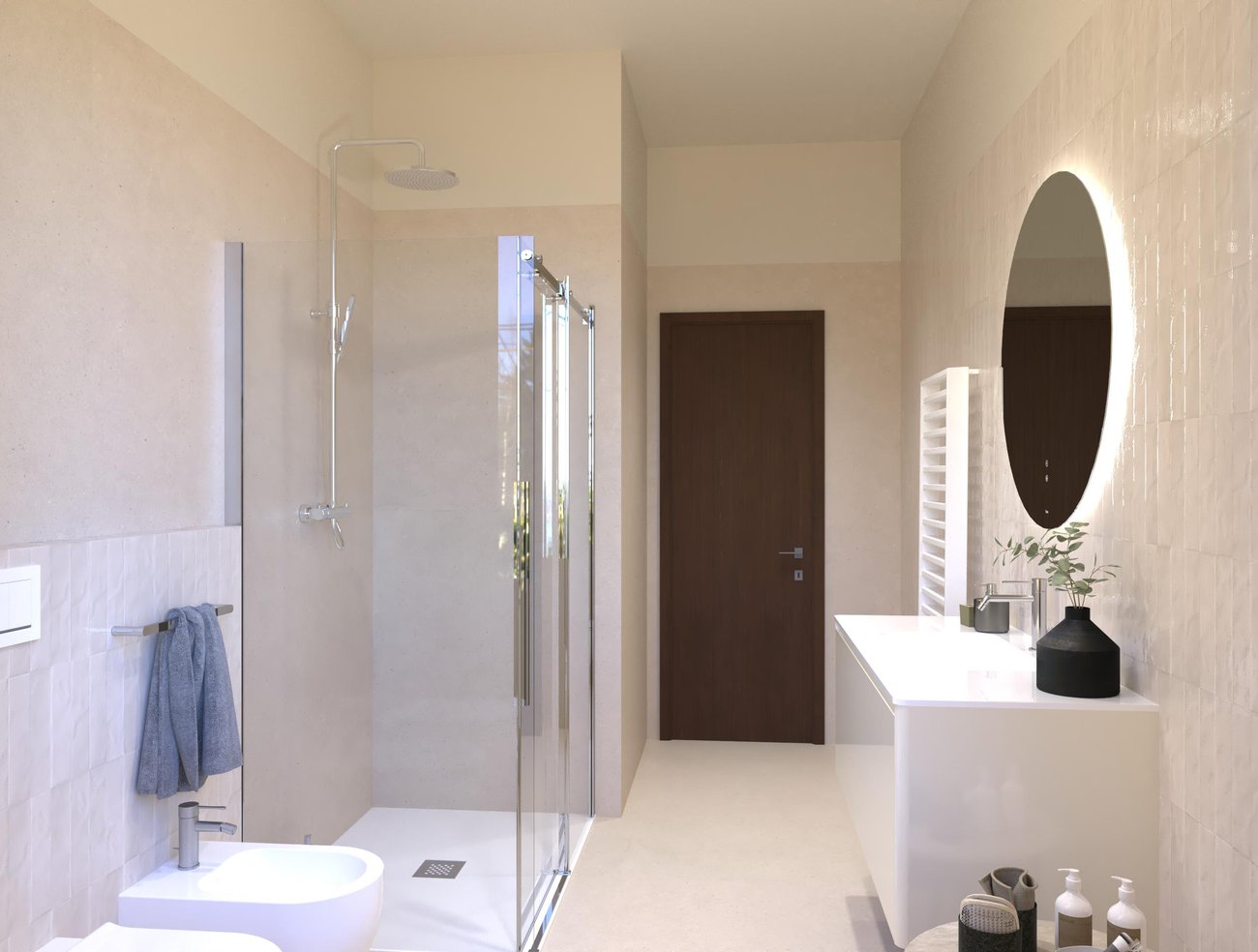 Bathroom design image in Rectangular shape, created with floor tiles MATERIA PURA and wall tiles GLIM, MATERIA PURA