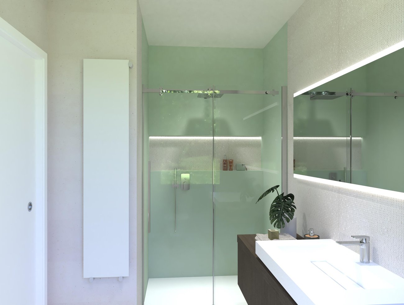 Bathroom design image in Rectangular shape, created with floor tiles YLICO and wall tiles TRUE COLOR, MATERIA PURA