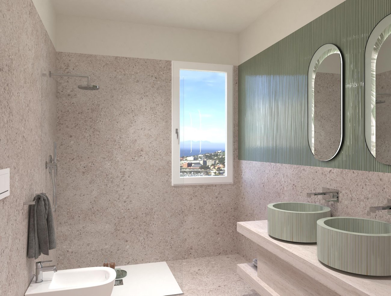 Bathroom design image in Rectangular shape, created with floor tiles MATERIA CLASSICA and wall tiles MATERIA BRILLANTE, MATERIA CLASSICA