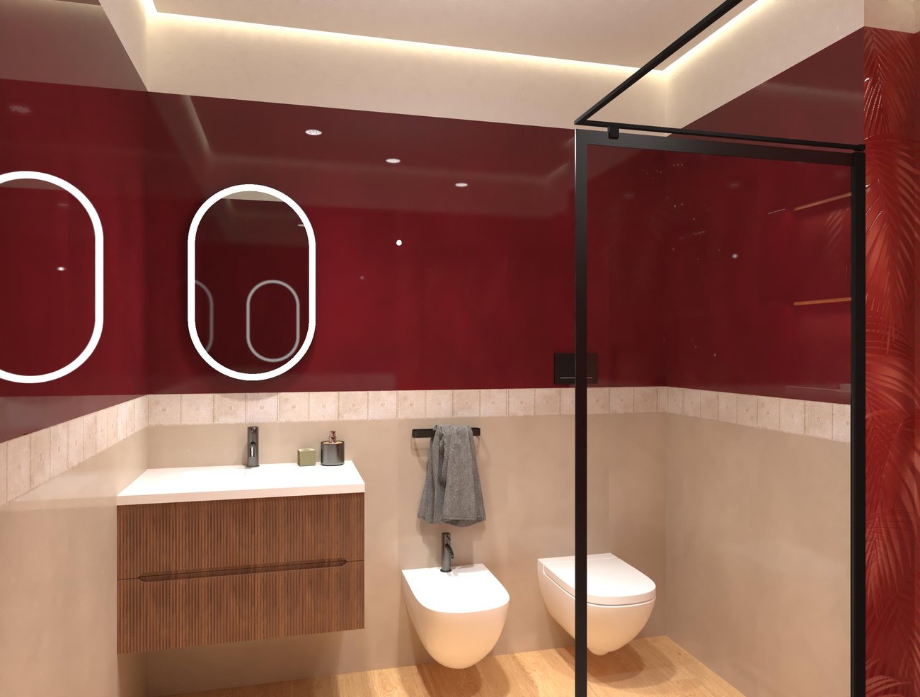 Bathroom design image in Squared shape, created with floor tiles MAKU, PLEIN AIR and wall tiles MATERIA BRILLANTE