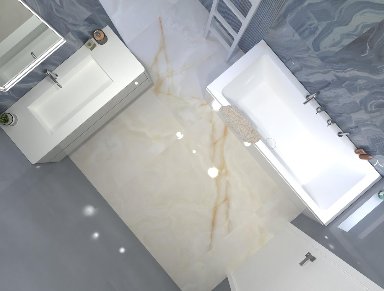 Bathroom design image in Rectangular shape, created with floor tiles GEMME and wall tiles MATERIA BRILLANTE