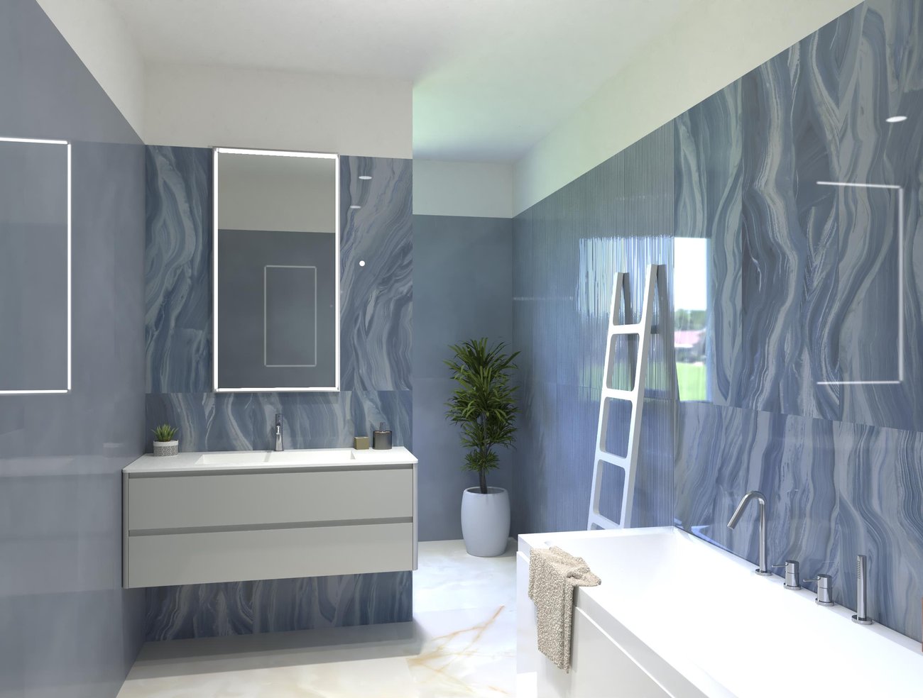Bathroom design image in Rectangular shape, created with floor tiles GEMME and wall tiles MATERIA BRILLANTE