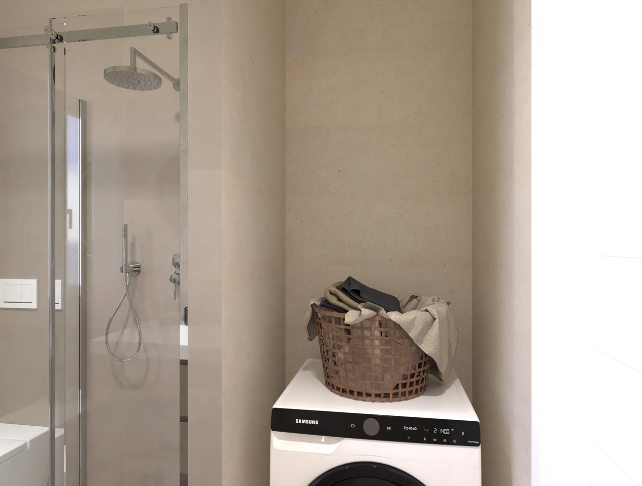 Bathroom design image in Rectangular shape, created with floor tiles MATERIA PURA and wall tiles MATERIA PURA