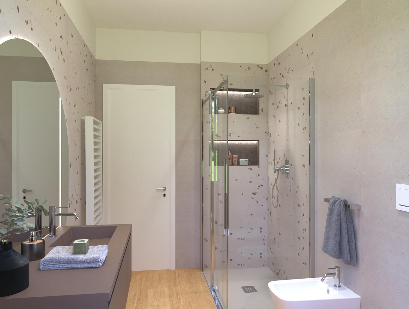 Bathroom design image in Rectangular shape, created with floor tiles PLEIN AIR and wall tiles MATERIA PURA