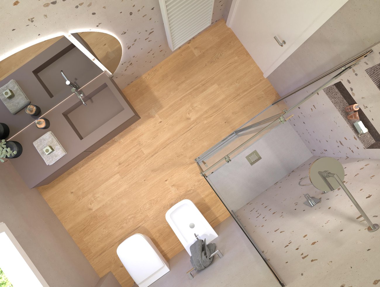 Bathroom design image in Rectangular shape, created with floor tiles PLEIN AIR and wall tiles MATERIA PURA