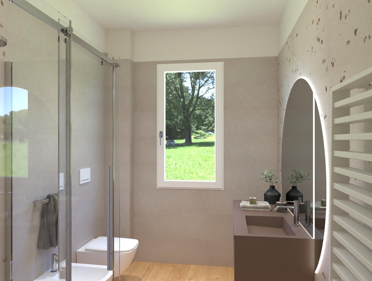 Bathroom design image in Rectangular shape, created with floor tiles PLEIN AIR and wall tiles MATERIA PURA
