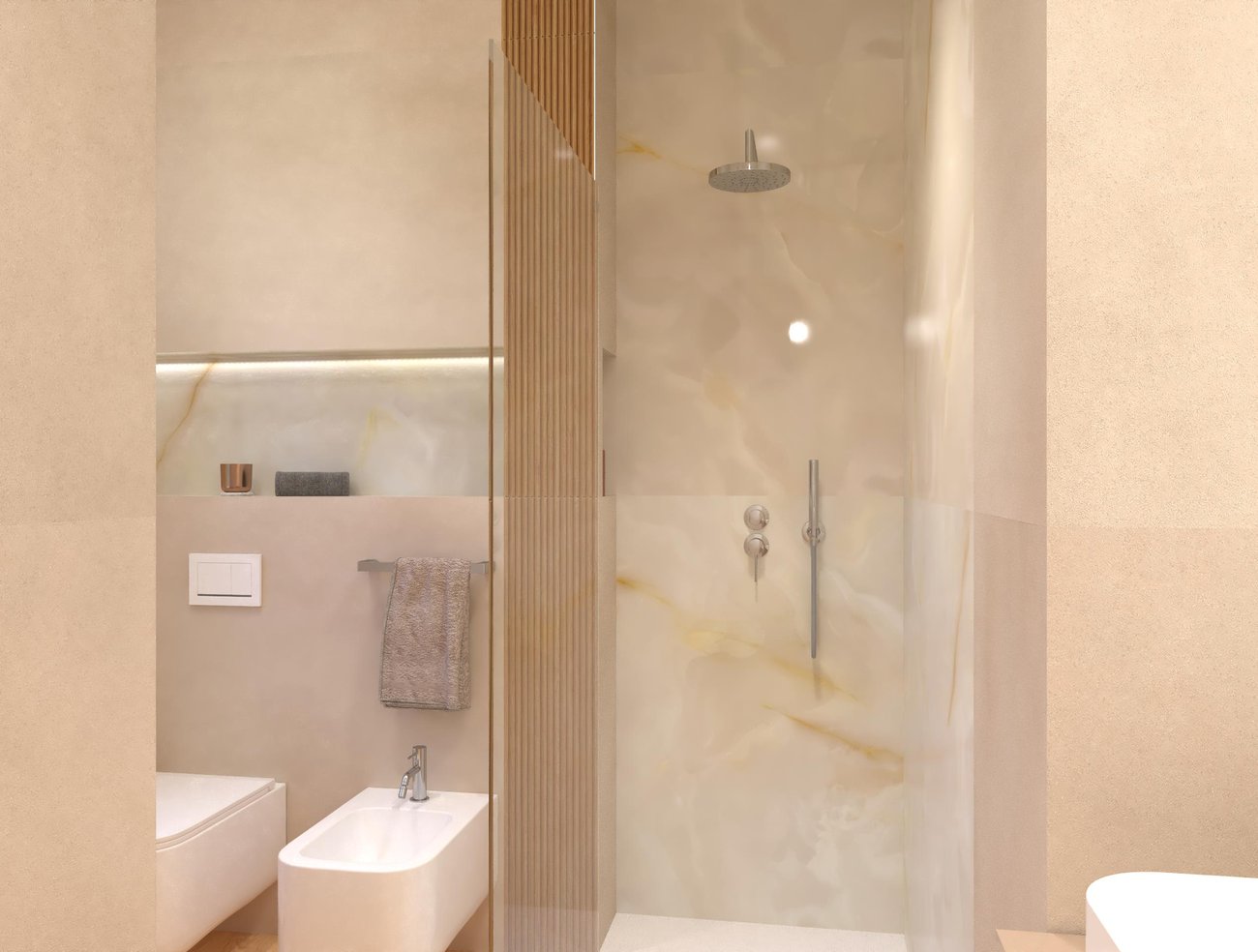 Bathroom design image in Rectangular shape, created with floor tiles PLEIN AIR and wall tiles MILANO MOOD, TRUE COLOR, GEMME