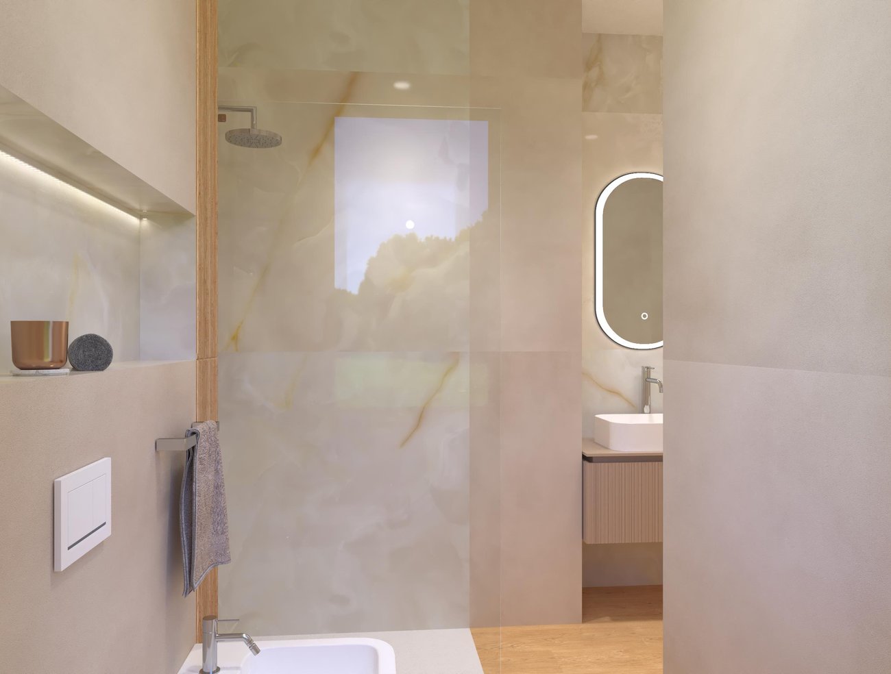 Bathroom design image in Rectangular shape, created with floor tiles PLEIN AIR and wall tiles MILANO MOOD, TRUE COLOR, GEMME