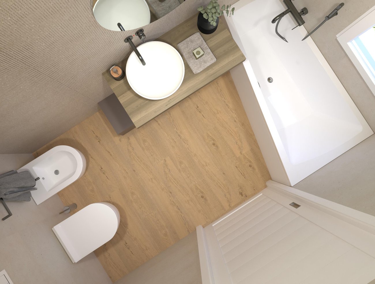 Immagine di progetto bagno di forma Rettangolare, realizzato con piastrelle a pavimento ROOTS e piastrelle a rivestimento MATERIA PURA