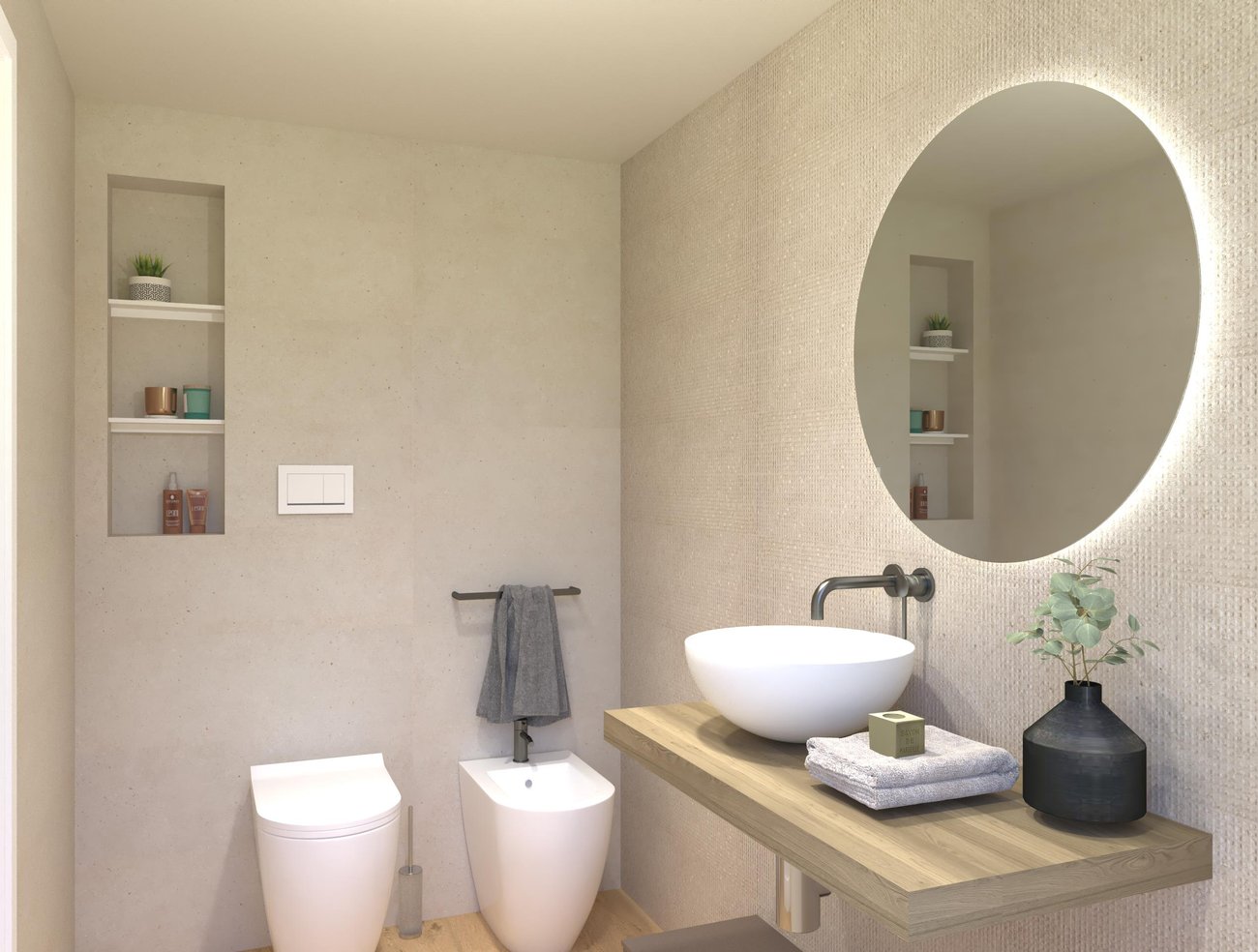 Immagine di progetto bagno di forma Rettangolare, realizzato con piastrelle a pavimento ROOTS e piastrelle a rivestimento MATERIA PURA