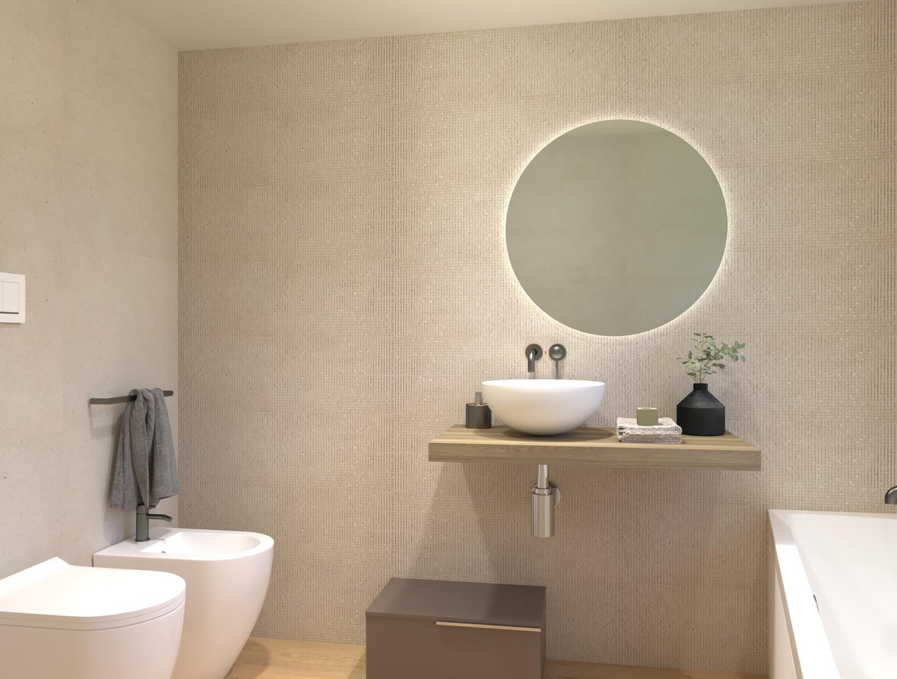 Immagine di progetto bagno di forma Rettangolare, realizzato con piastrelle a pavimento ROOTS e piastrelle a rivestimento MATERIA PURA